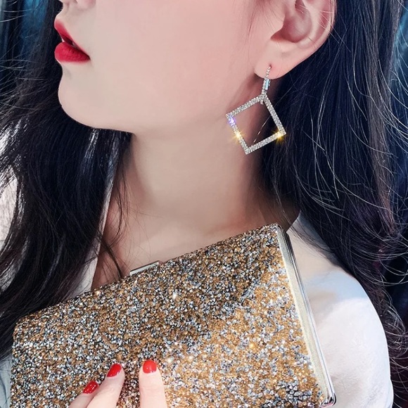 Platinum Plated Square Rhinestone Earrings - Picture 4 of 4